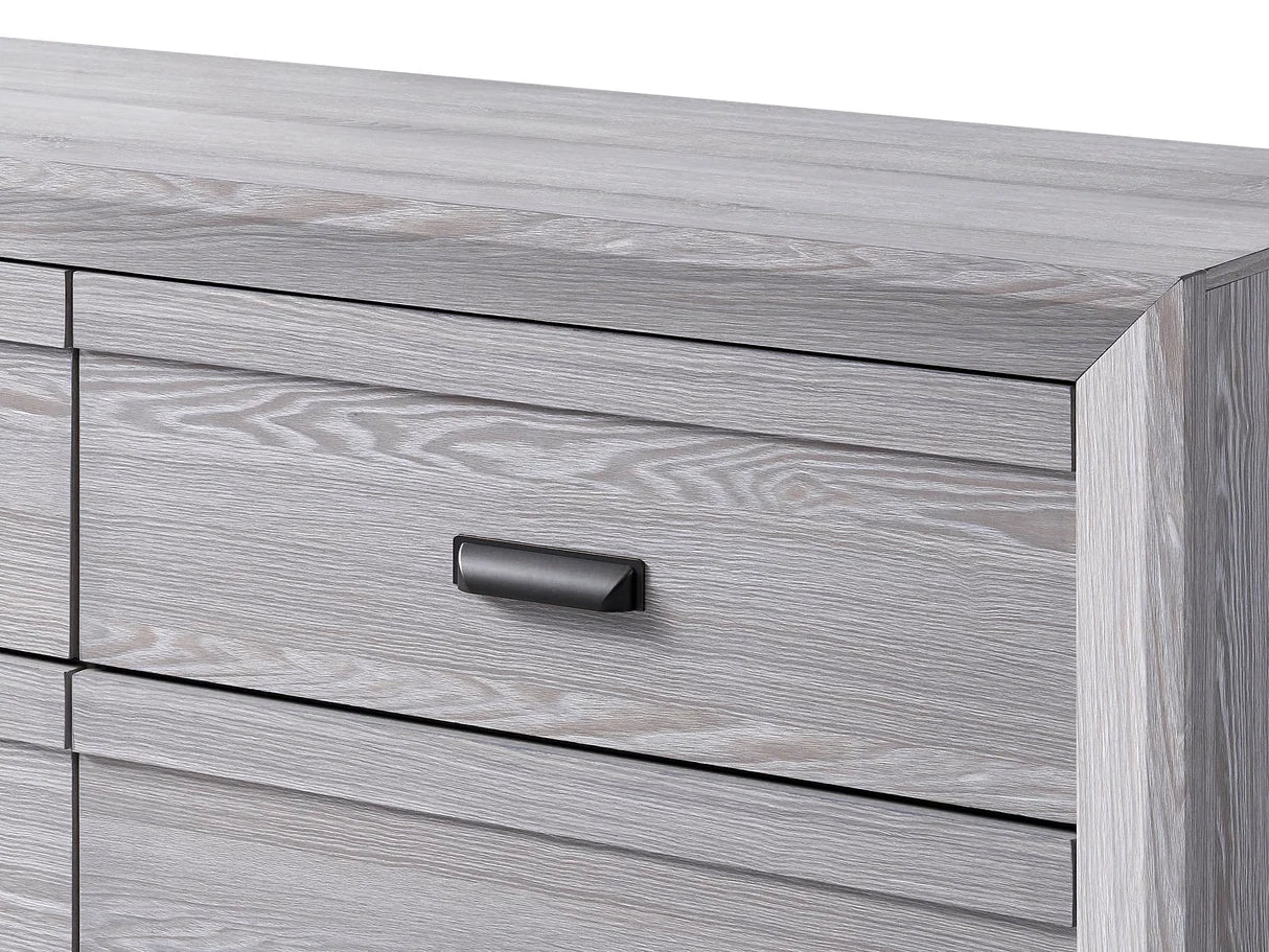 Adelaide grey wood bed frame with upholstered channel-tufted headboard and matching bedroom furniture