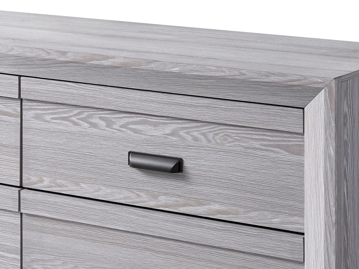 Adelaide grey wood bed frame with upholstered channel-tufted headboard and matching bedroom furniture