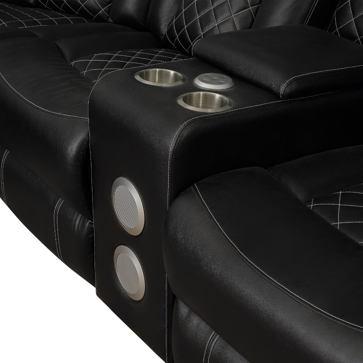 Black 3-piece reclining sectional sofa with LED accent lighting and diamond-stitched cushions