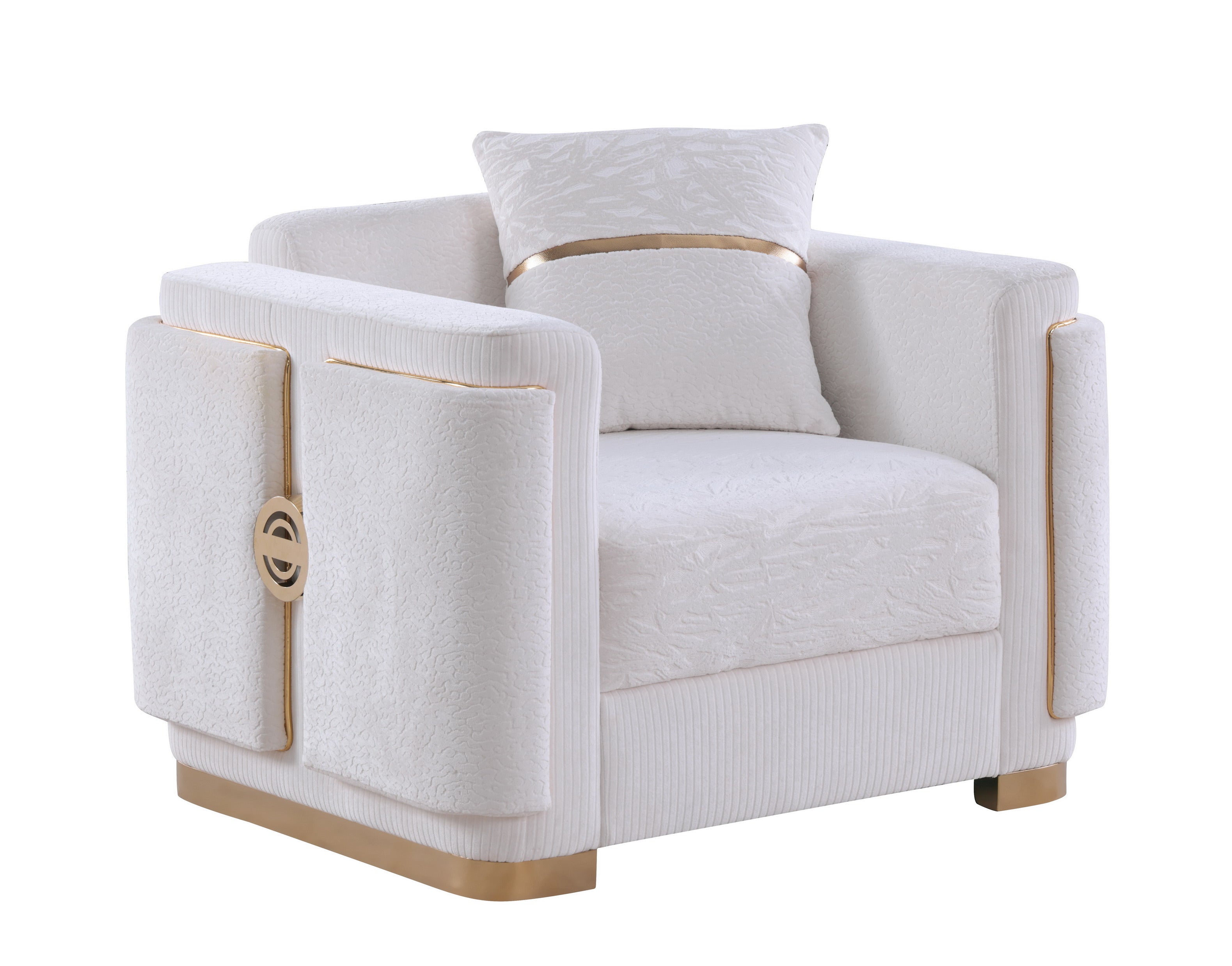 Capri white sofa collection with gold trim and designer pillows in a modern living room