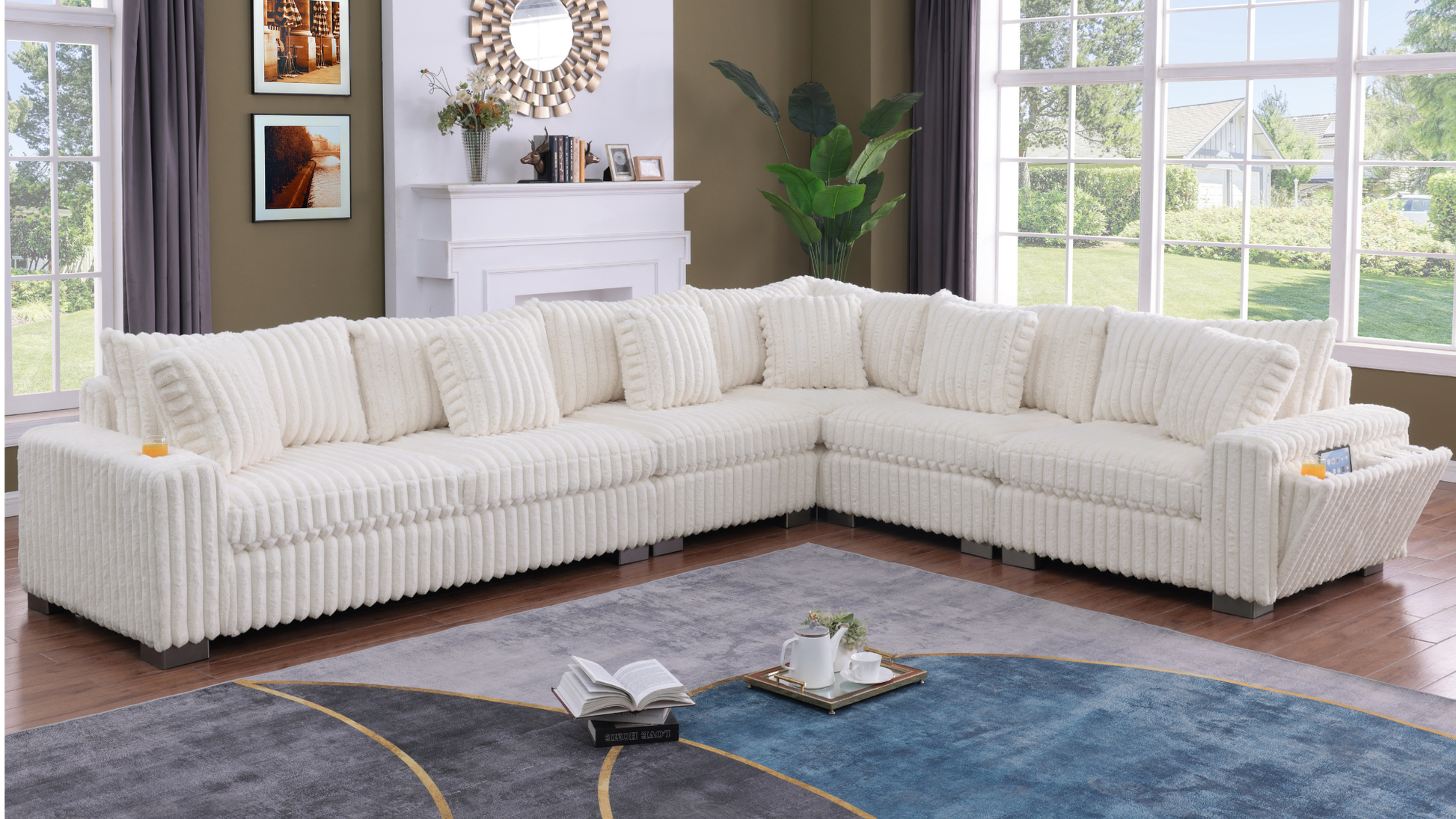 S329 Snuggle Station cream sectional with built-in tech console, Bluetooth speakers, and wireless charging in a living room setting