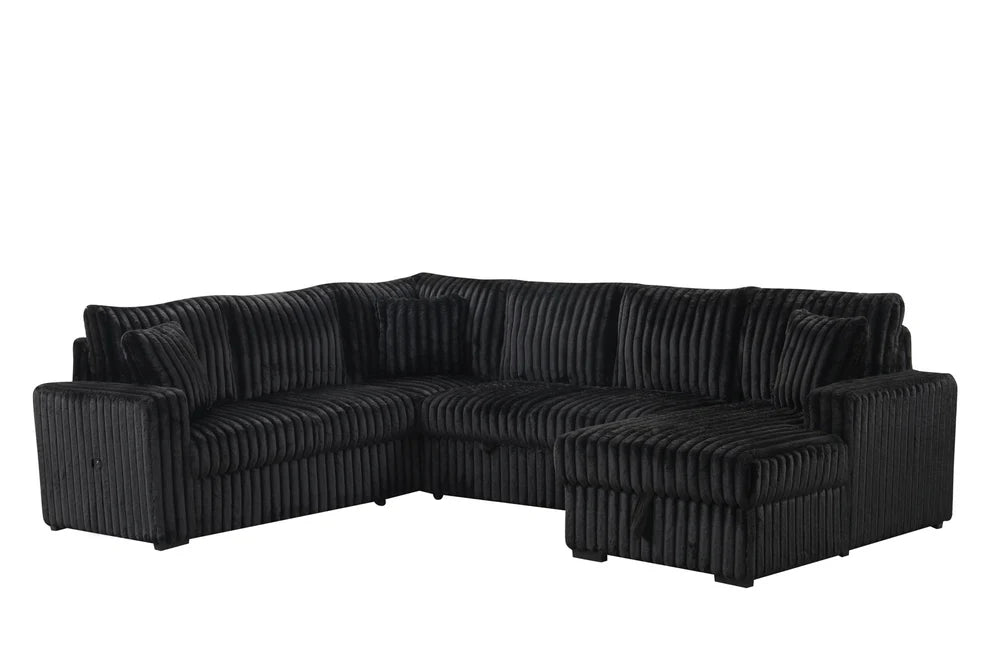 Black strip fabric U-shaped sectional sofa with pullout bed and storage compartment
