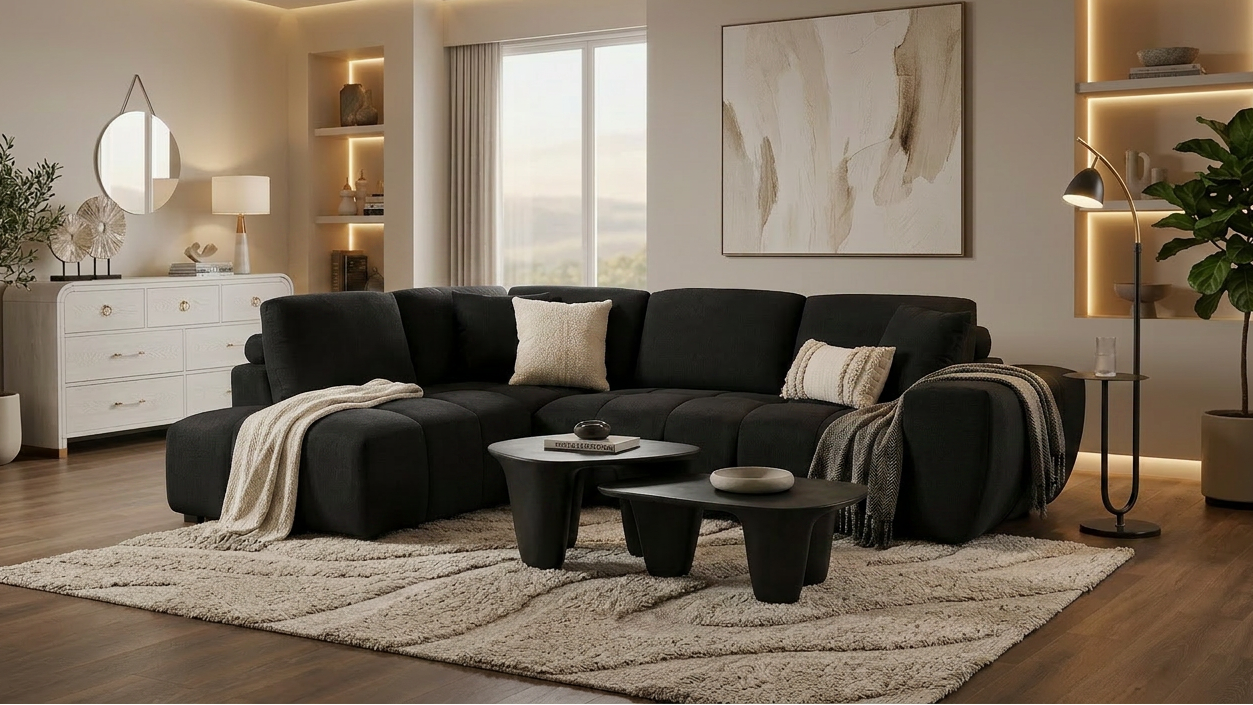 Black low-profile L-shaped sectional sofa with vertical channel tufting in a modern living room