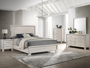 Charlie modern whitewashed bedroom set with panel bed, nightstand, dresser, chest, and mirror