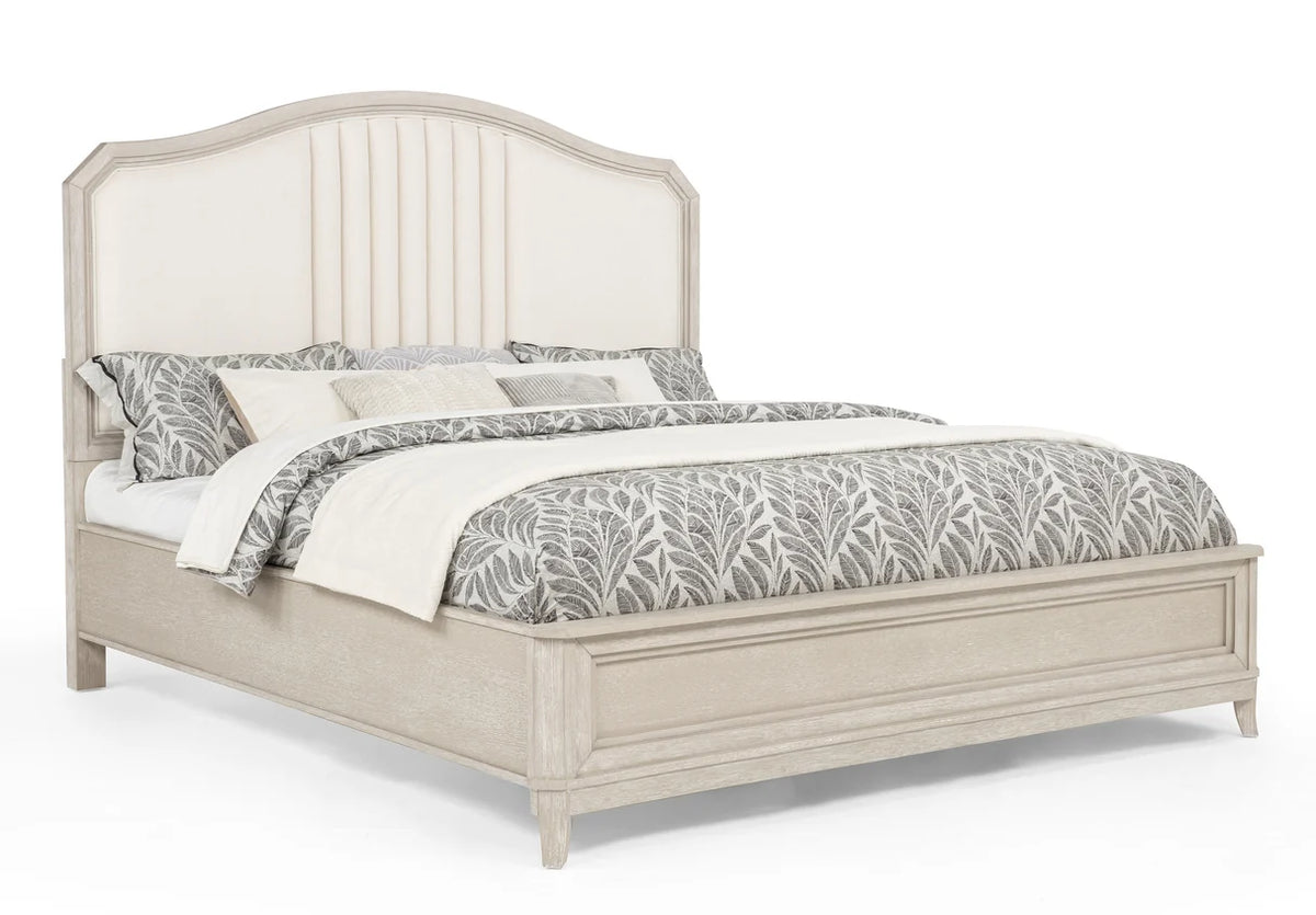 Napoli bedroom set with upholstered channel-tufted headboard bed and matching wood dresser