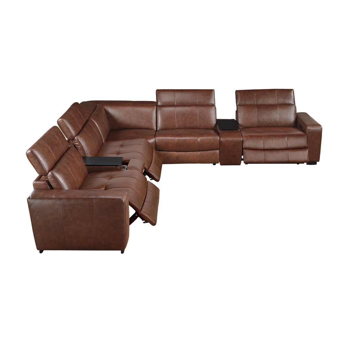7-piece brown leather modular power reclining sectional sofa with headrests up and reclined