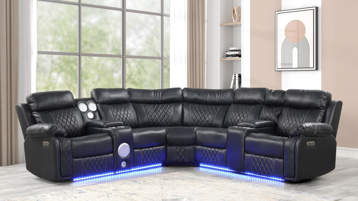 Lacrosse black power reclining sectional with LED lighting and Bluetooth speakers
