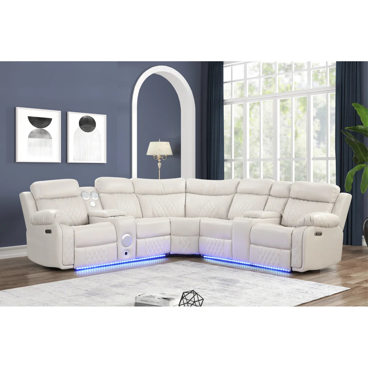 Lacrosse ice power reclining sectional with LED lights and center console
