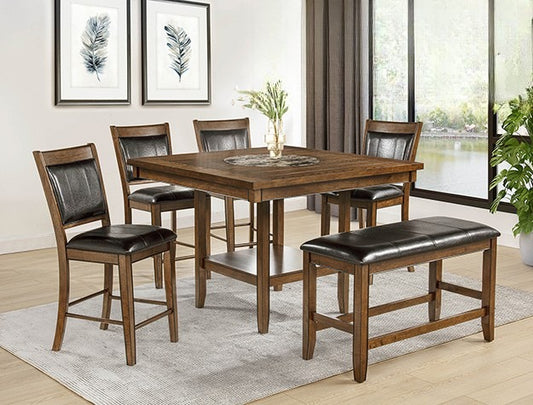 Dining room set with wooden table and chairs in a well-lit room.